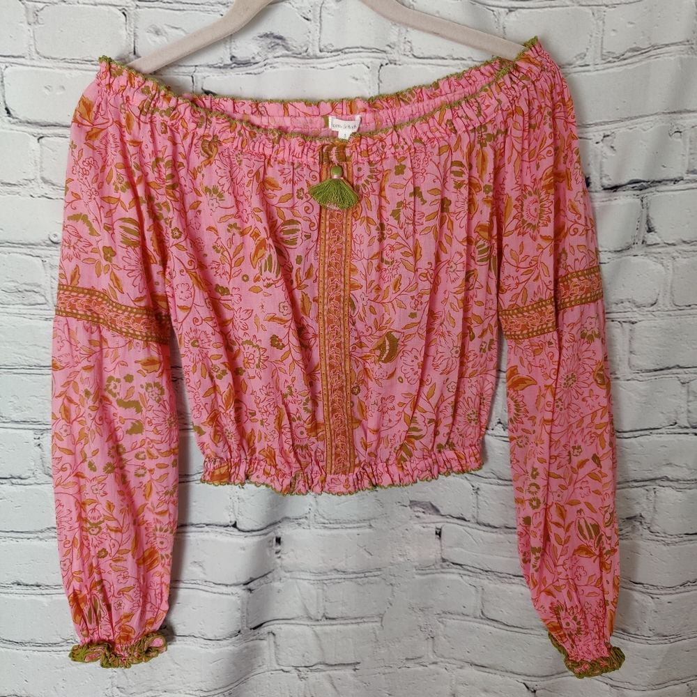 Poupette St Barth Off The Shoulder Crop Pink Floral Tassel Top Size Small NWT